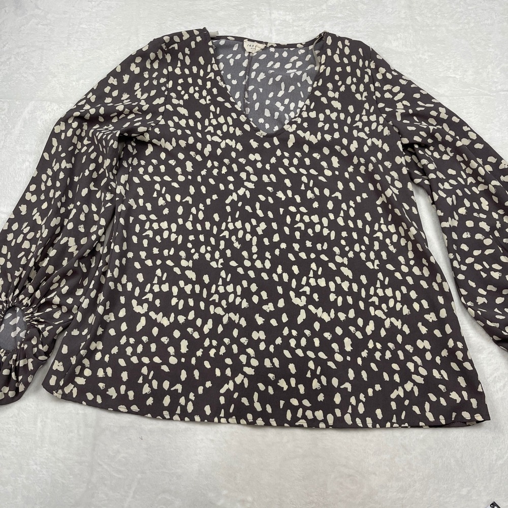143 Story‎ by Line Up Gray Abstract Dot V-Neck Blouse Bubble Cuff S Officecore